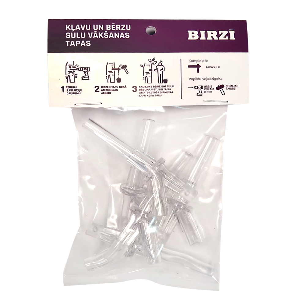 Caurspīdīgas kļavu un bērzu sulu tecināšanas tapas, 5 gab